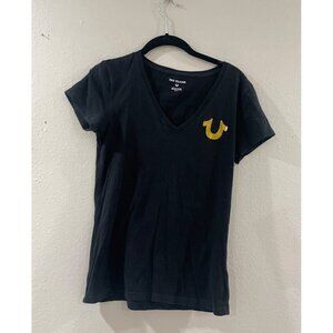 True Religion Women Black and gold cotton cup sleeve summer v neck shirt size XS